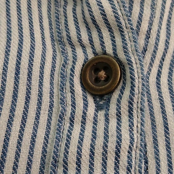 TRIBAL JEANS STREETWEAR RAW HEM MILITARY SOFT WORN DENIM CHAMBRAY STRIPE SHIRT - Picture 7 of 13